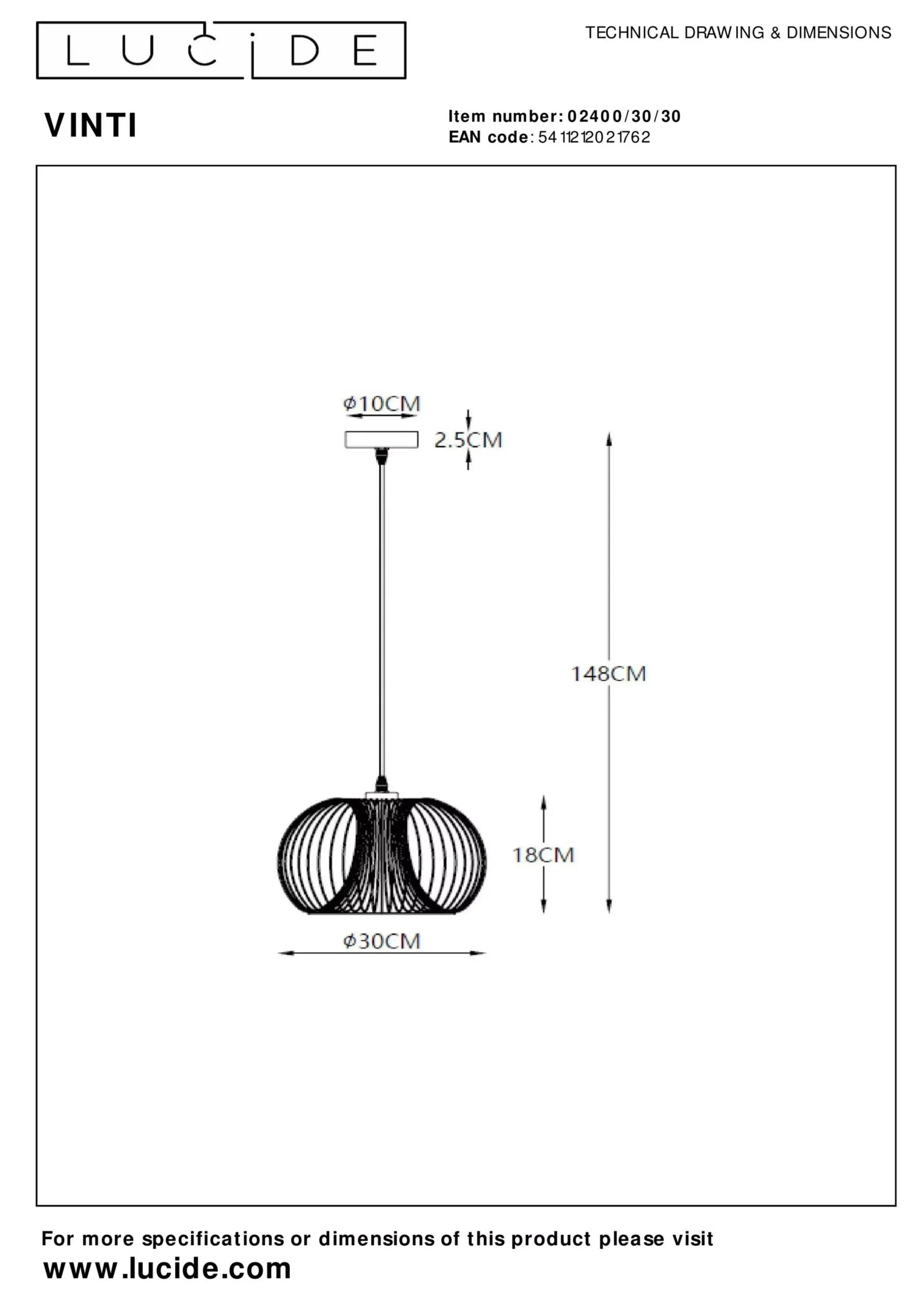 VINTI - Hanglamp - Ø 30 cm - 1xE27 - Zwart*Lucide Online