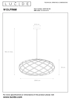 WOLFRAM - Hanglamp - Ø 65 cm - 1xE27 - Zwart*Lucide Shop
