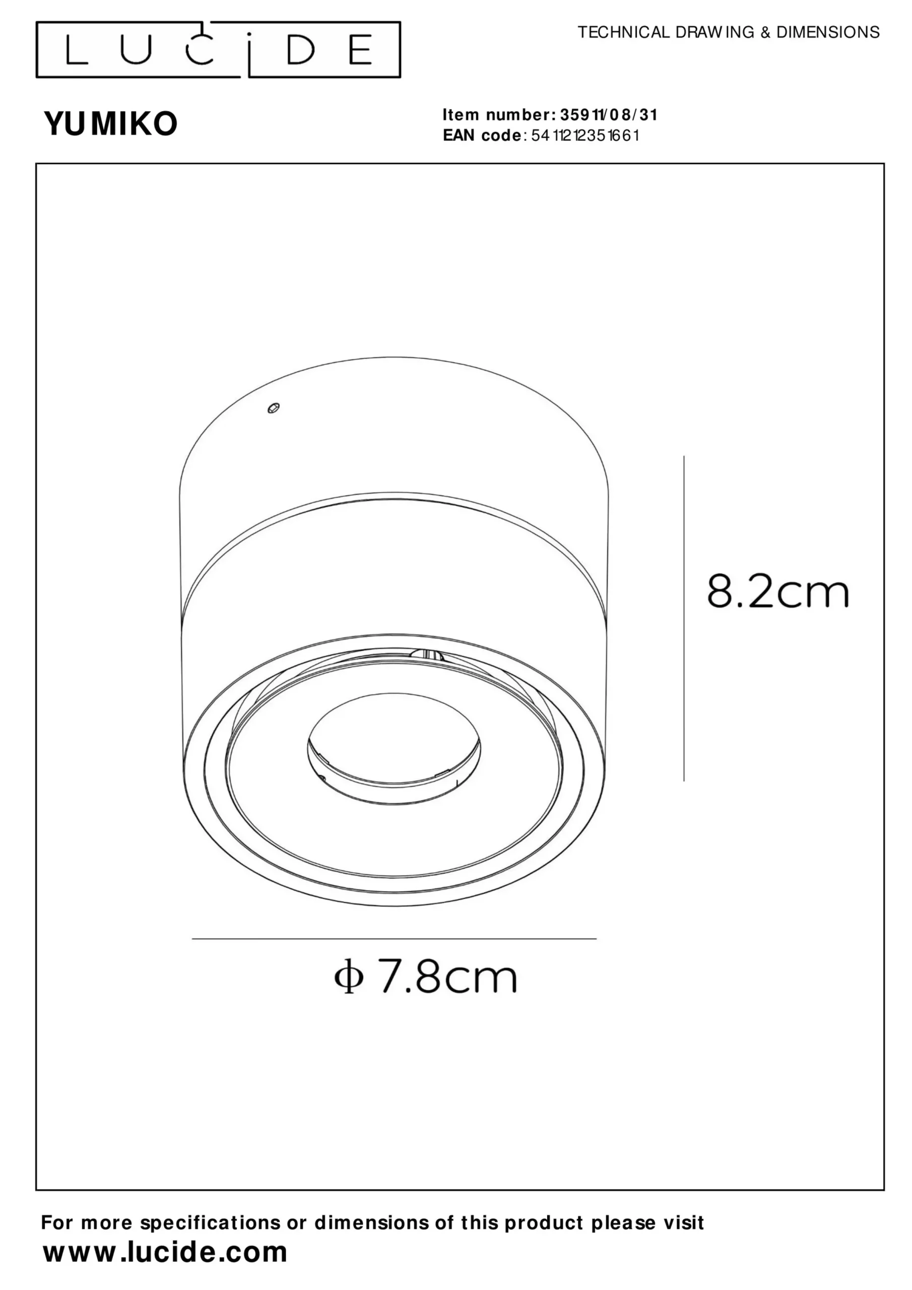 YUMIKO - Plafondspot - Ø 7,8 cm - LED Dimb. - 1x10W 2700K - Wit*Lucide Online