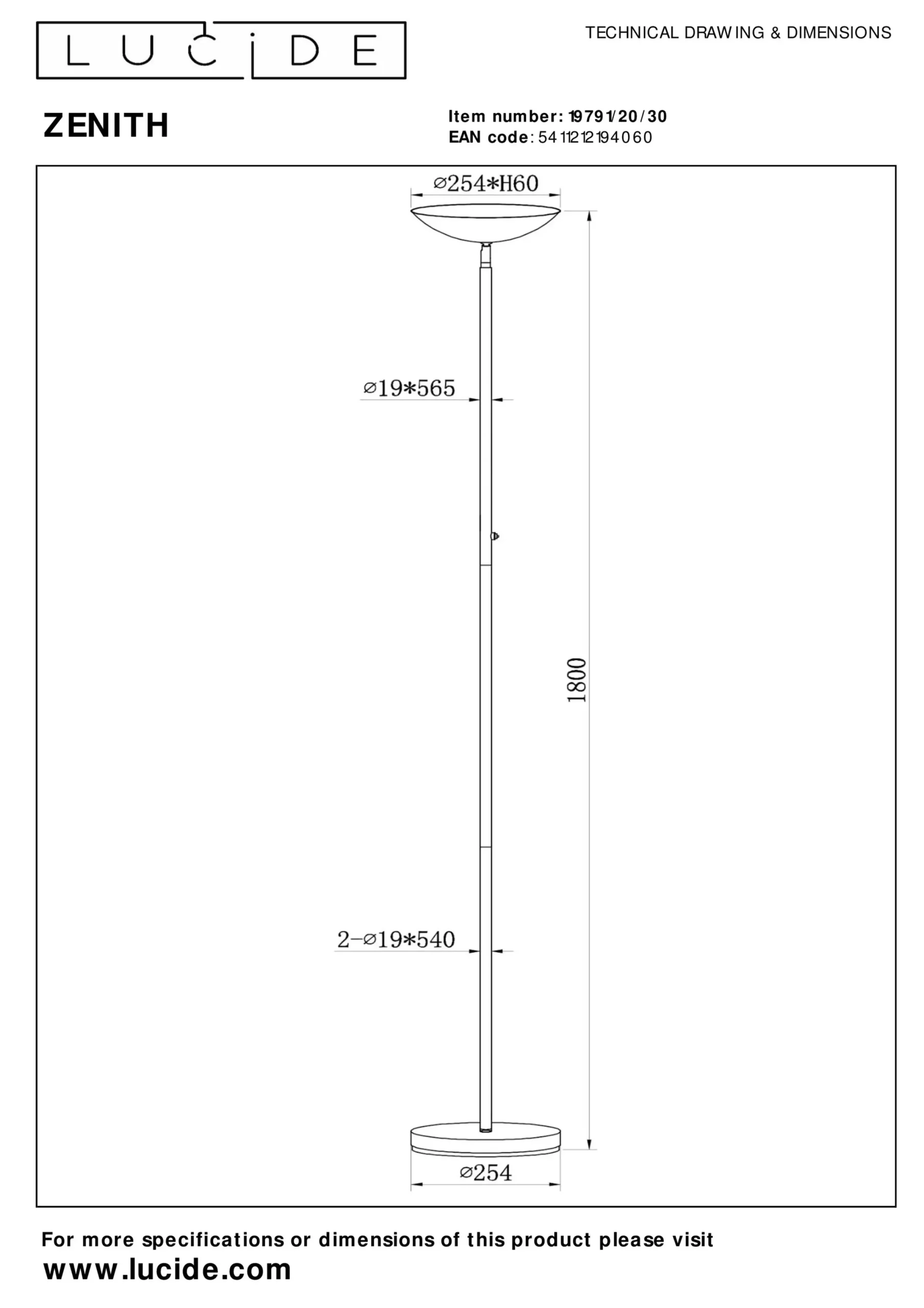 ZENITH - Vloerlamp - LED Dimb. - 1x20W 3000K - Zwart*Lucide Store