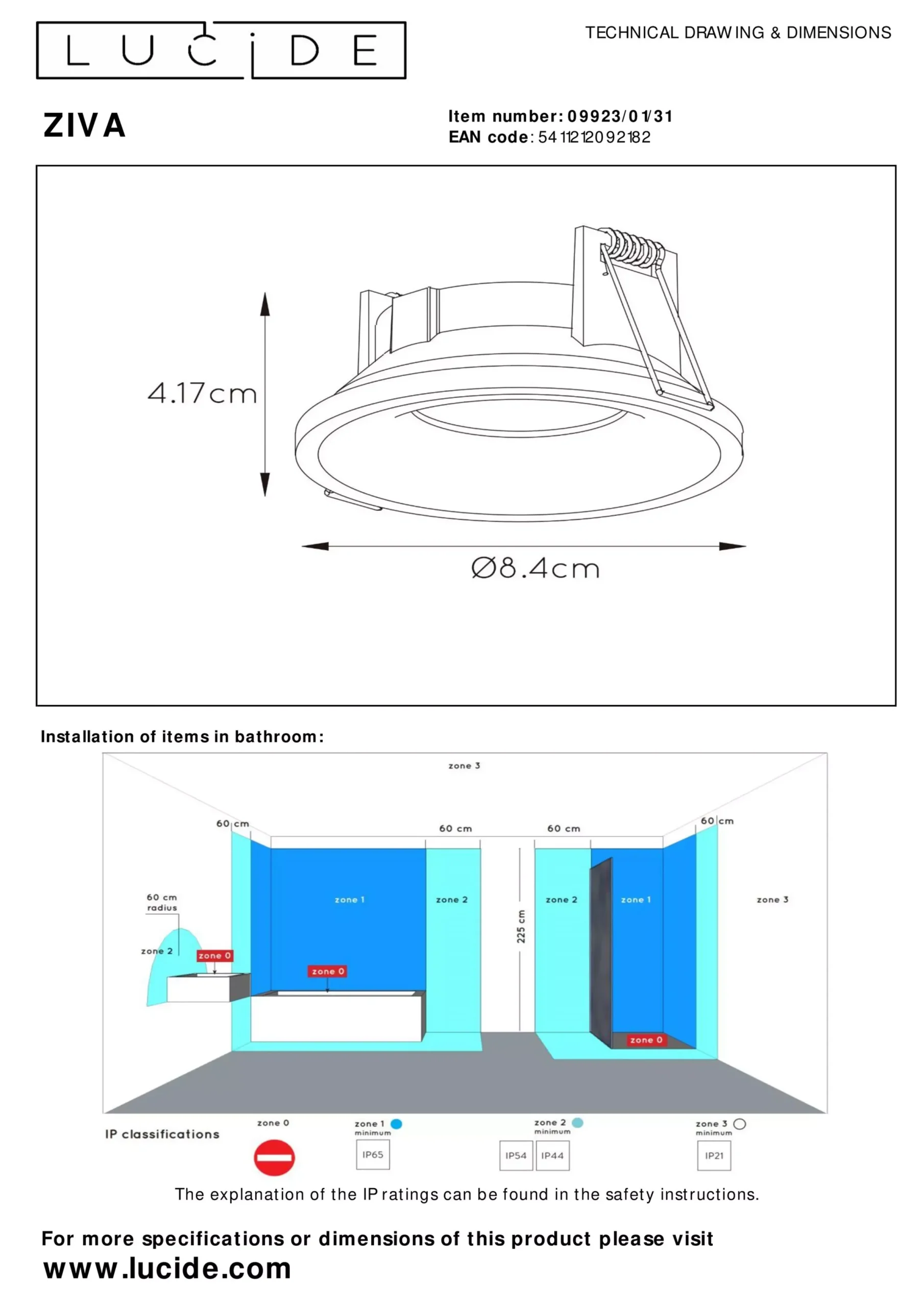 ZIVA - Inbouwspot Badkamer - Ø 8,5 cm - 1xGU10 - IP44 - Wit*Lucide New
